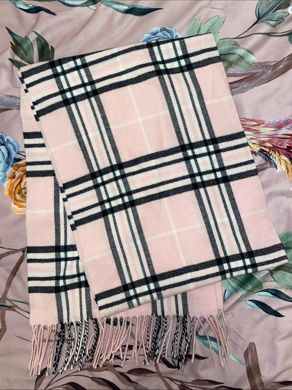 Cashmere Pink Plaid Fringe Scarf